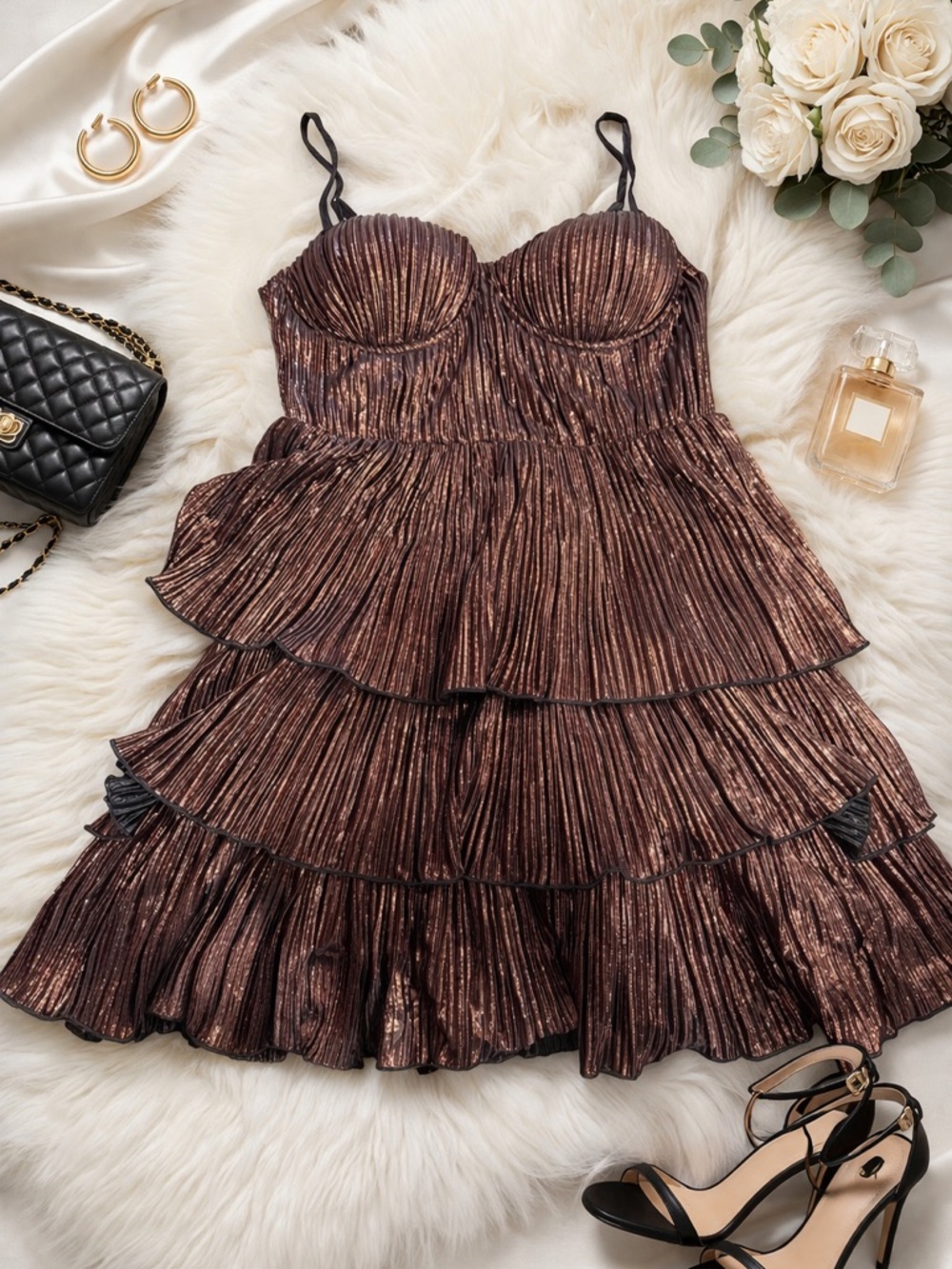 Vici Metallic Bronze Tiered Mini Dress - Picture 2 of 2